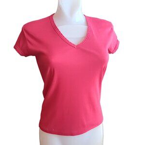 Med V-Neck Single Stitch Short Sleeve Knit Top T-shirt 1980's Stretchy Comfort